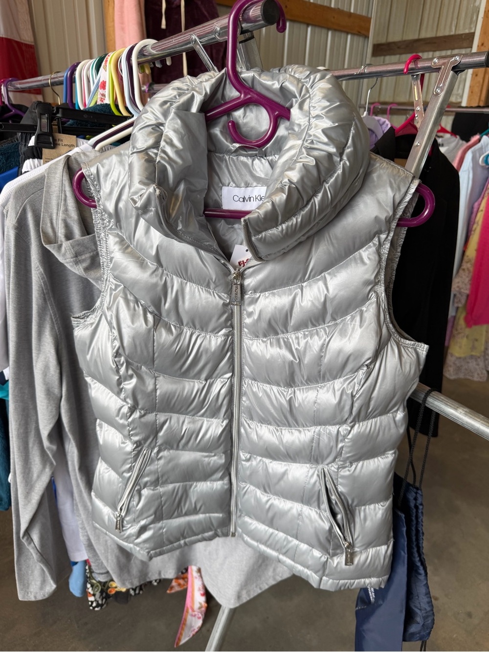 Calvin Klein Metallic Silver Quilted Puffer Vest